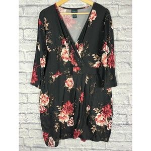 Floral Print Pleated Black Midi Faux Wrap Dress Size 3X